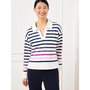 Talbots French Terry Womens Pullover 2X White Navy Plum Strips Long Sleeve Logo